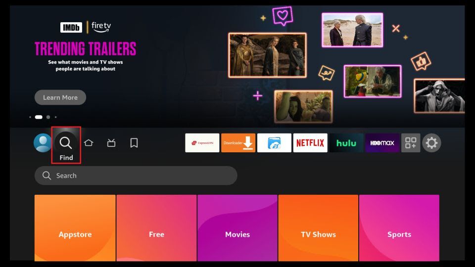 FireStick home screen with Find highlighted