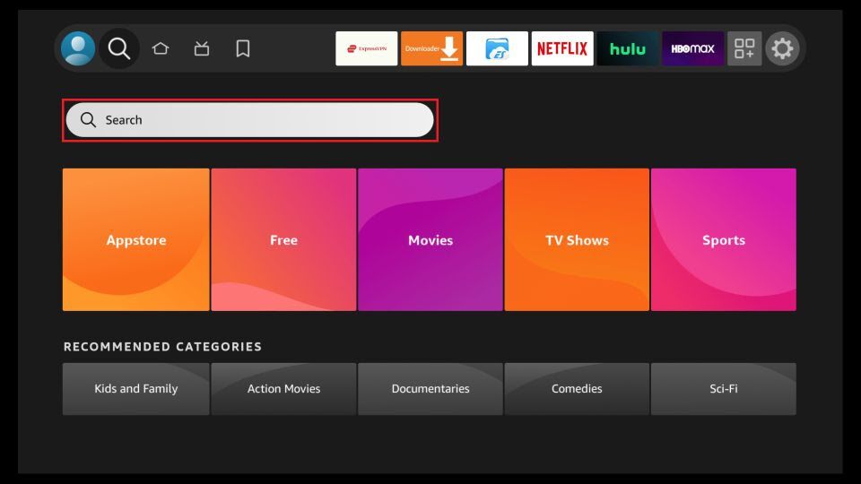 FireStick Find menu with Search highlighted
