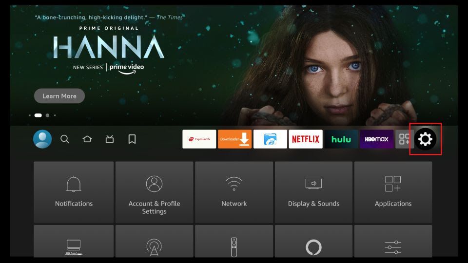 FireStick home screen with Settings gear highlighted