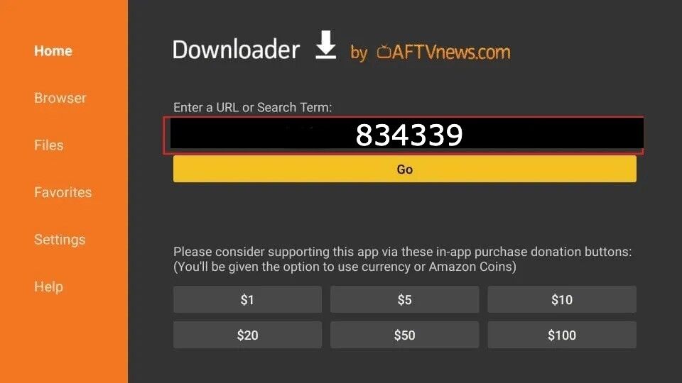 Downloader app with code 834339 entered in the URL box