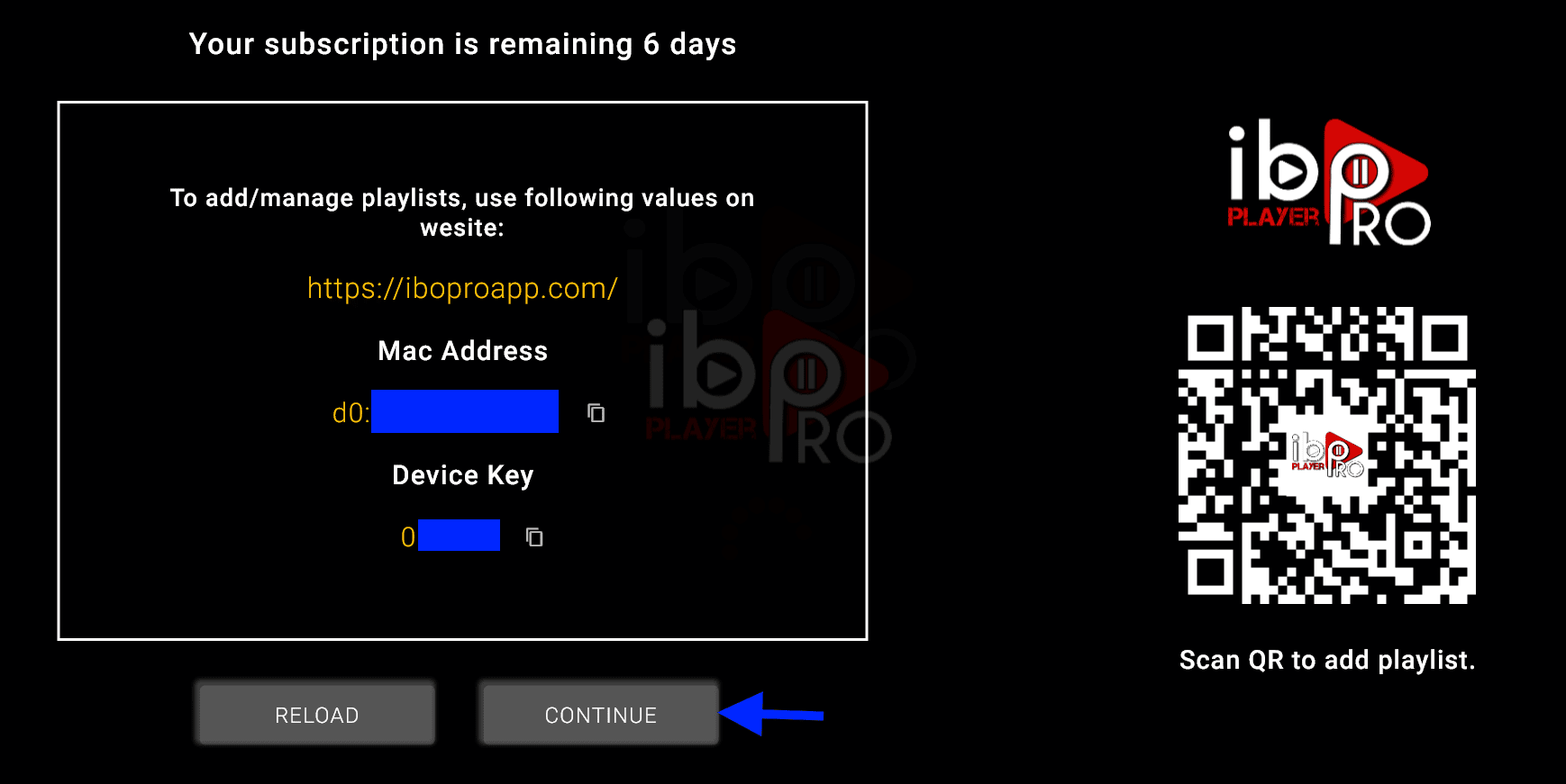 IBO Player Pro popup showing MAC Address and Device Key with Continue button