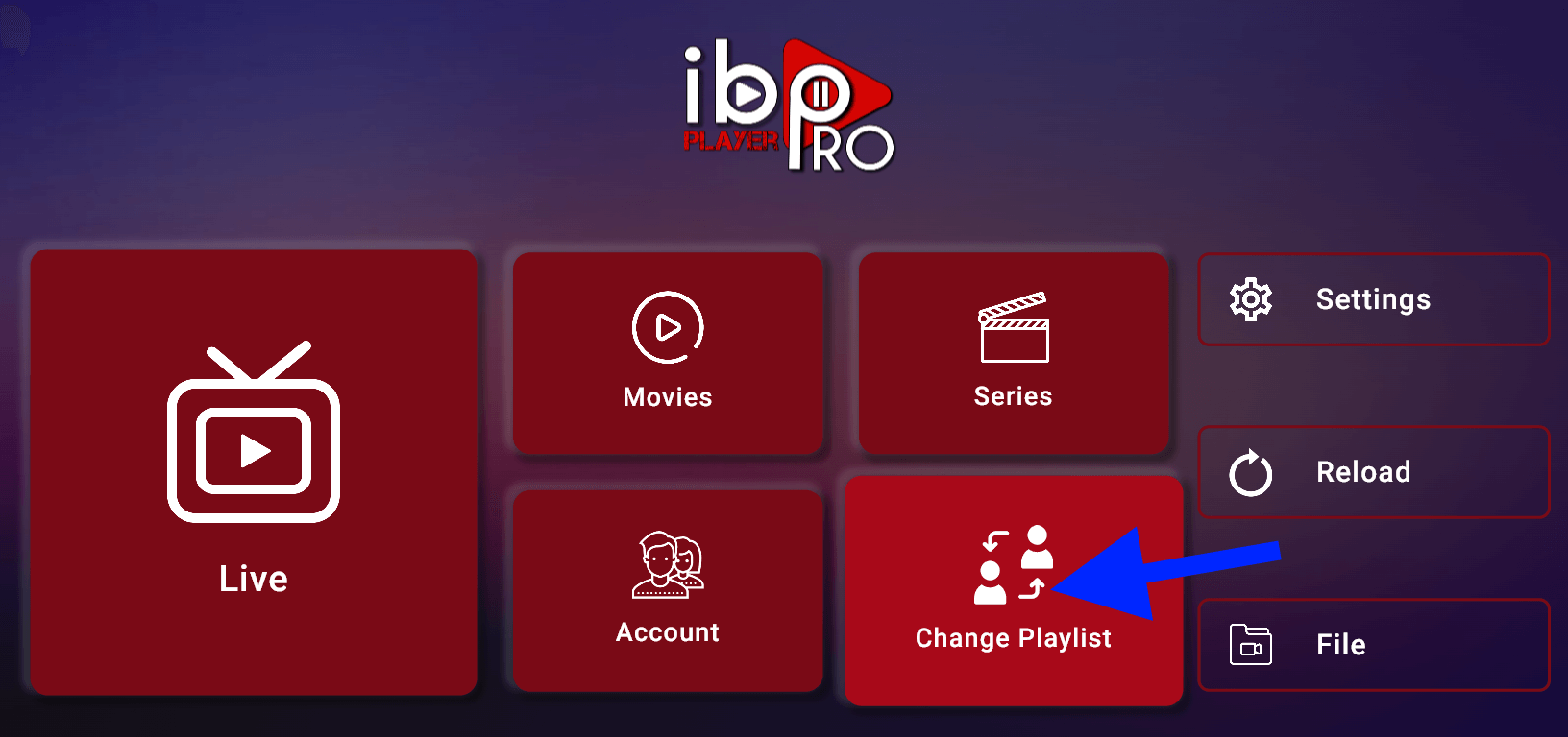 IBO Player Pro home page with Change Playlist highlighted