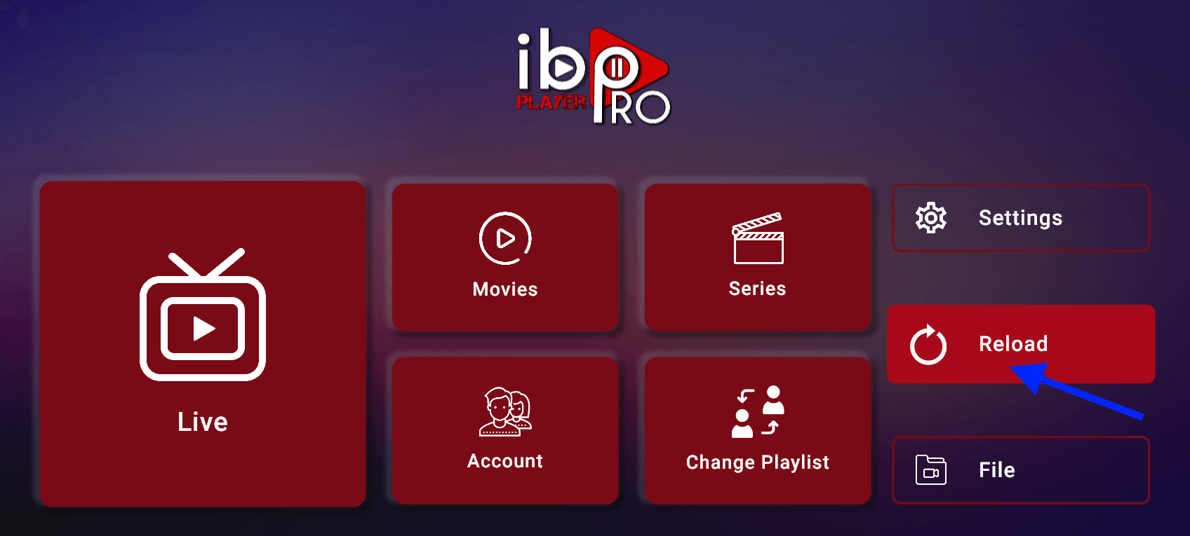 IBO Player Pro home page with Reload highlighted